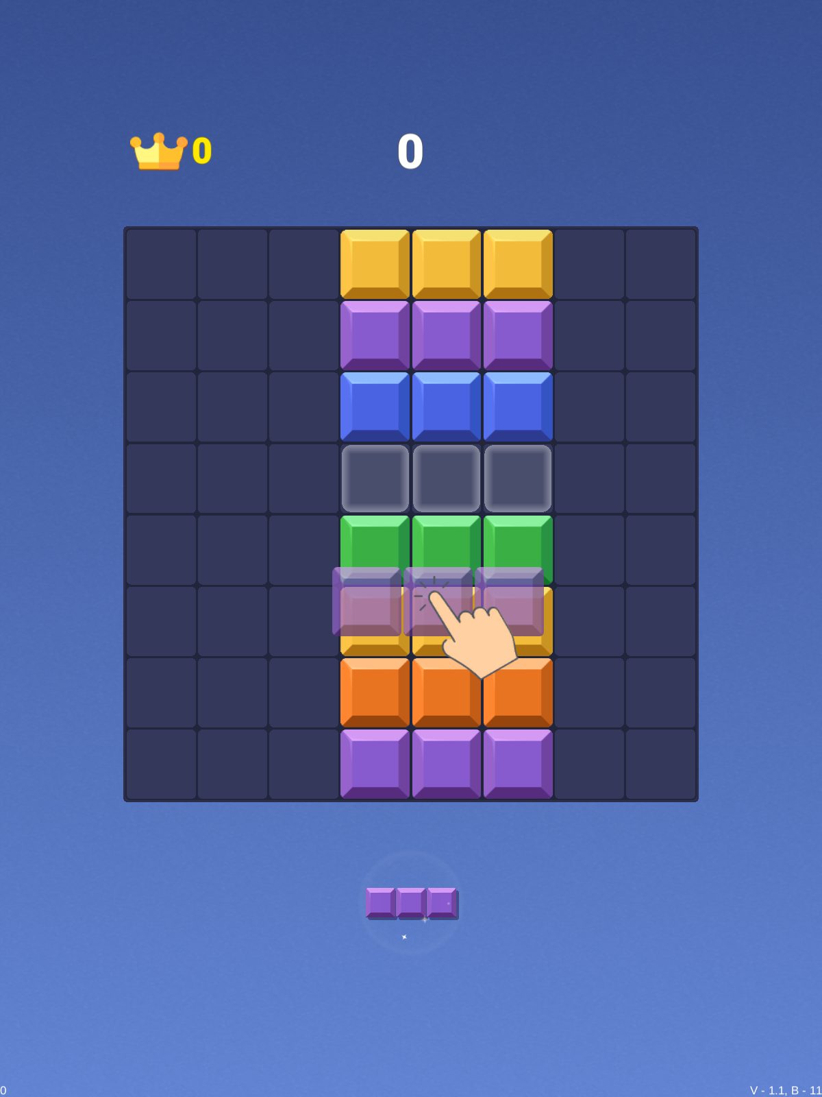 Block Blast browser gameplay — the 8×8 grid with colored blocks placed, score and crown counters at the top, and the next piece waiting at the bottom