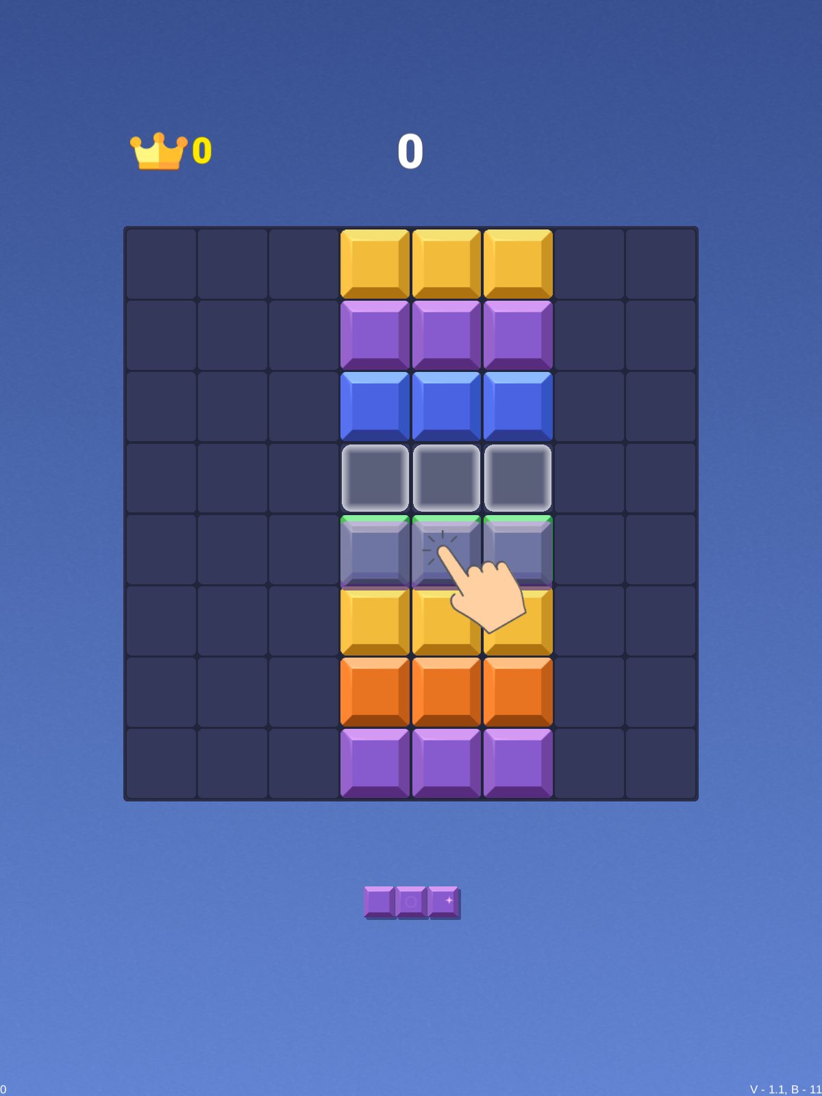 Block Blast mid-run — a row lit up green, about to clear, with the tutorial hand showing the drop spot