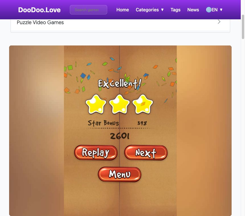 Level complete screen showing Excellent with three yellow stars, star bonus 398 and score 2601, with Replay, Next and Menu buttons