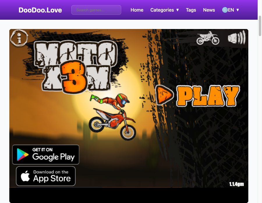 The official Moto X3M menu as served on our game page: series title art, orange PLAY button, Google Play and App Store badges, version stamp 1.1.4gm in the corner