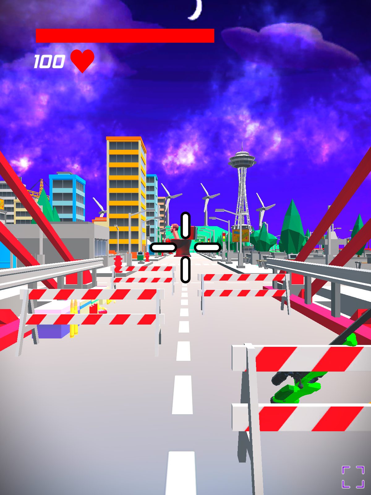 Skibidi Toilet FPS gameplay — first-person view down a city street, crosshair centered, health bar at 100, barricades and a skyline with a tall tower ahead