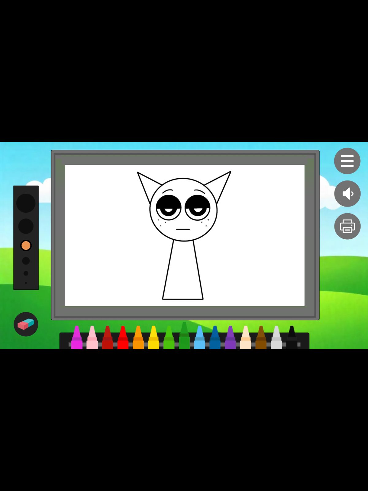 Sprunki Coloring Book gameplay — a Sprunki character outline on the canvas with a full crayon palette along the bottom, mid-coloring