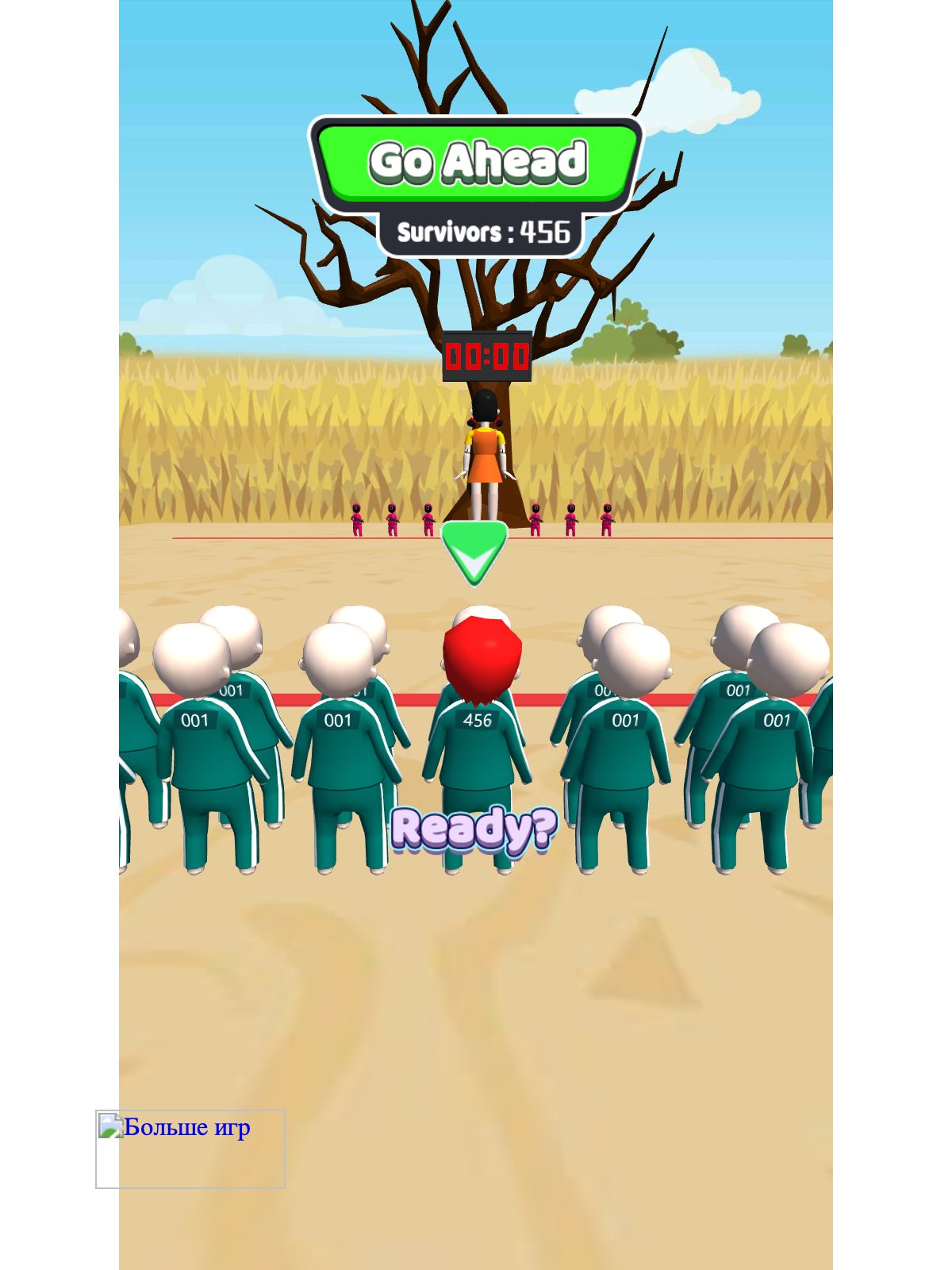 Squid Game 456 gameplay — the Red Light Green Light round with player 456 front and center, the doll and survivor counter (456) on screen